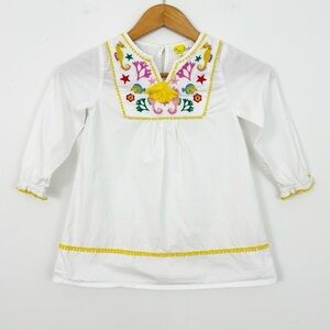 Mini Boden White 100% Cotton Embroidered Kaftan Long Sleeve Mini Dress Size 4-5Y
